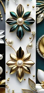 Elegant art deco wallpaper with floral and pearl designs.