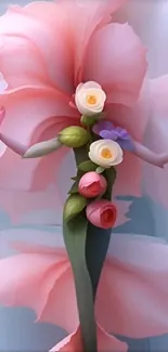 Elegant floral art with pink petals and roses.