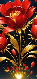 Red and gold floral artistic mobile wallpaper