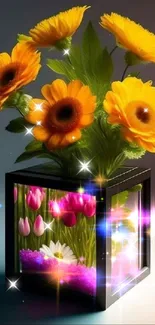 Yellow and orange flowers in a modern vase on artistic mobile wallpaper.