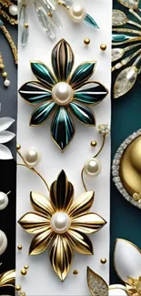 Luxury floral art wallpaper with gold, teal, and pearl accents