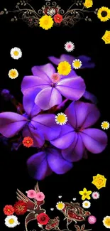 Elegant purple flowers with ornate motifs on a black background.