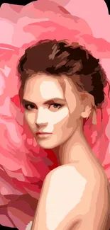 Stylized woman portrait with pink floral background wallpaper.