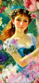 Elegant woman surrounded by vibrant flowers in a digital art portrait.