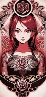 Elegant floral anime portrait with red roses in an artistic design.