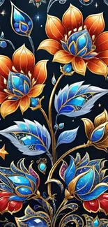 Vibrant floral art wallpaper with blue and orange abstract flowers.