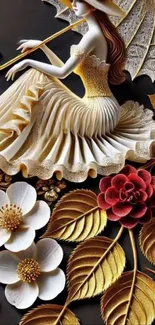 Elegant mobile wallpaper with floral art and a graceful figure.