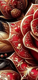 Intricate red and gold floral pattern wallpaper.