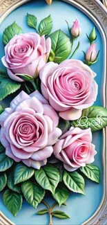 Beautiful pink roses with green leaves on a decorative background.