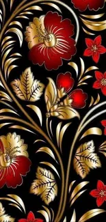 Floral wallpaper with red and gold flowers