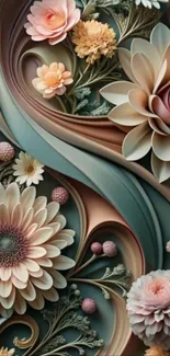 Elegant pastel floral art wallpaper with intricate designs and flowers.