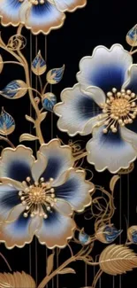 Elegant floral artwork with gold and blue accents on a black background.