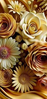 Elegant golden floral art wallpaper with roses and daisies.