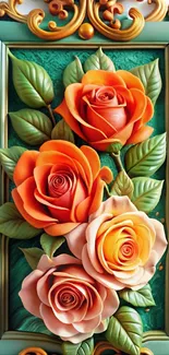 Elegant floral art wallpaper with orange roses and ornate green frame.
