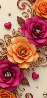 Elegant floral wallpaper with vibrant roses and swirls.