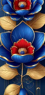 Elegant blue and red floral wallpaper with golden leaves.