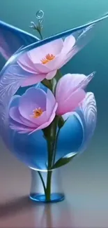 Elegant wallpaper with pink flowers in a glass vase on a blue background.