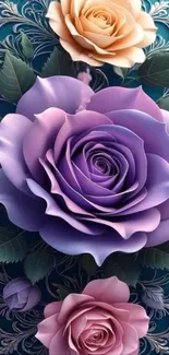 Artistic floral wallpaper with vibrant roses in various colors on a detailed background.