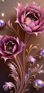 Elegant wallpaper with purple floral art and metallic accents.