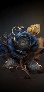 Dark blue and gold floral art wallpaper featuring a rose design.