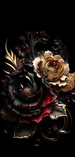 Elegant black floral wallpaper with gold and crimson roses.