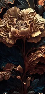 Elegant floral wallpaper with gold and teal botanical design.