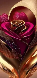 Elegant floral artwork with vibrant pink and gold hues for mobile wallpaper.