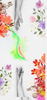 Vibrant floral art with hands and flowers on a white mobile wallpaper.