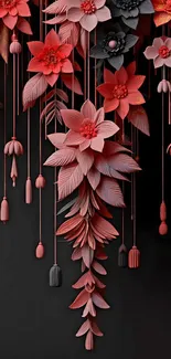 Elegant floral wallpaper with red 3D flowers on a black background.