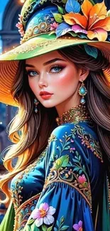 Elegant woman in vibrant floral hat and dress artwork.