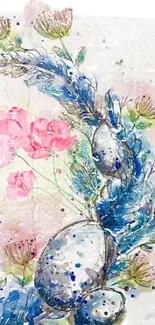 Watercolor floral wallpaper with pink flowers and blue feathers.