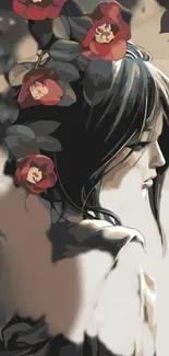 Artistic floral wallpaper with a dreamy girl's side profile.