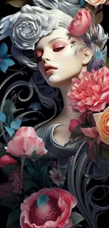 Artistic wallpaper with vivid flowers and serene feminine figure.