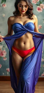 Stylish woman in blue against floral wallpaper.