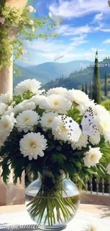A bouquet of white flowers on a balcony with a scenic view.