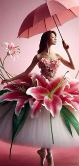 Elegant ballerina in floral dress and pink umbrella on art wallpaper.