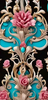 Intricate baroque floral design with teal and pink hues.