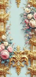 Elegant floral Baroque wallpaper with gold accents and pastel hues.