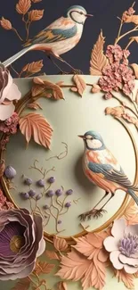 Elegant floral wallpaper with birds and pastel pink accents.