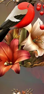 Red bird and lilies wallpaper design.