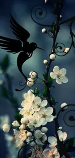 Bird silhouette with floral design on dark background mobile wallpaper.