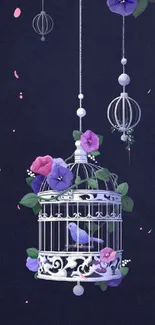 Birdcage with purple flowers wallpaper.