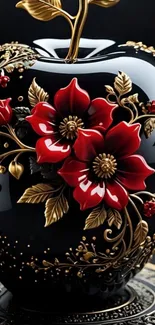 Black apple with red flowers and gold accents on a stylish background.