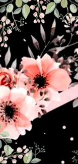 Elegant floral wallpaper with pink flowers on a black background.