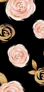 Elegant black wallpaper with pink and gold roses.