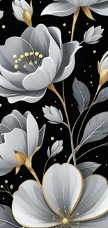 Black wallpaper with elegant gray and gold flowers.