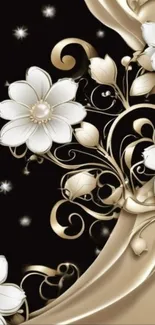 Elegant floral design with white flowers and golden swirls on black background.