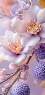 Elegant purple floral wallpaper with delicate blossoms.