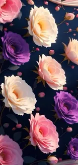 Elegant floral wallpaper with pink and purple roses on dark blue background.