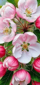Pink cherry blossom flowers and green leaves in a vivid artistic mobile wallpaper.